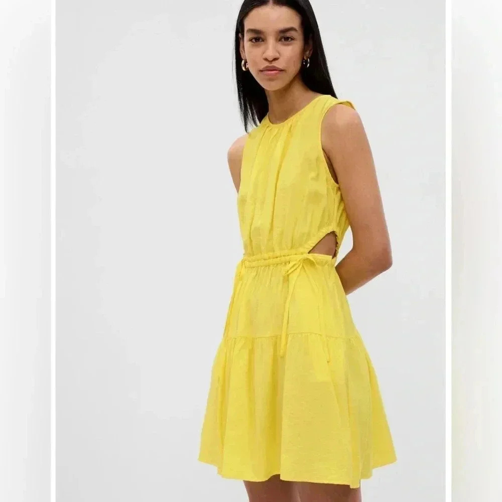 Gap Side Tie Cut Out Mini Dress Crew Neck Large Lemon Yellow Maximalist L
